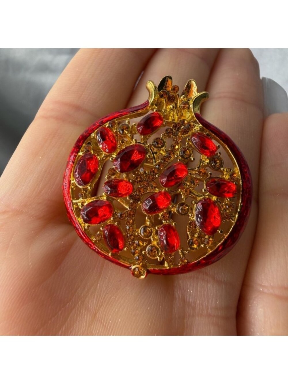 Red Pomegranate Brooch Crystal Gold Tone Statement Pin